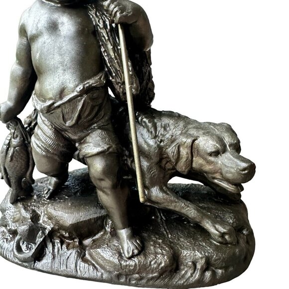 VTG French Style Cast Bronze Sculpture 6.75" Young Boy Fish Spear‎ Cast Net Dog - Picture 6 of 11